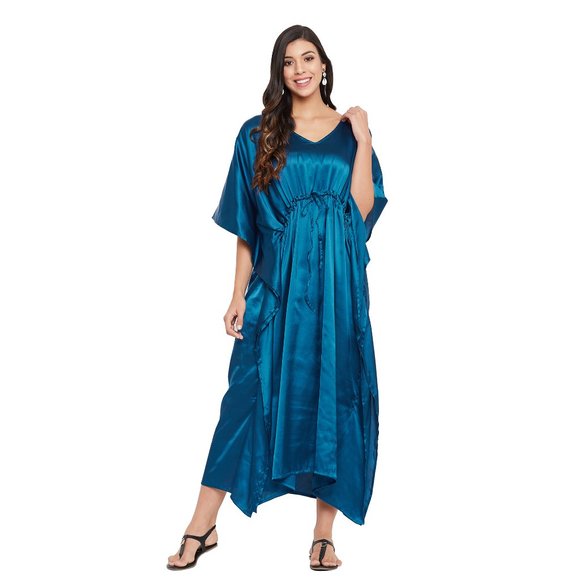 Womens Kaftan Dresses Solid Satin Drawstring Maxi Plus Size Dress for Nighty - Picture 3 of 10